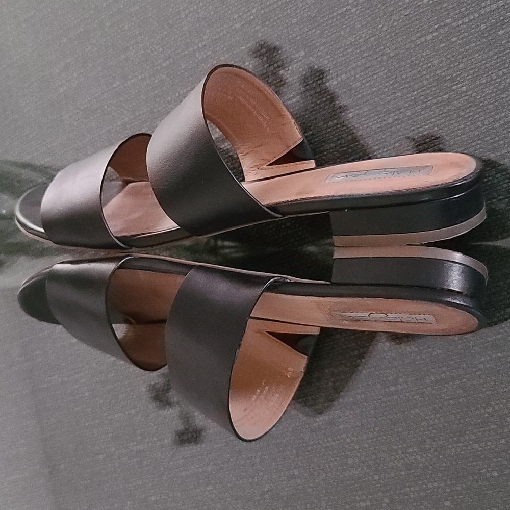 Halogen Adina Double Strap Black Leather Slides Sandals 9 - Picture 6 of 16